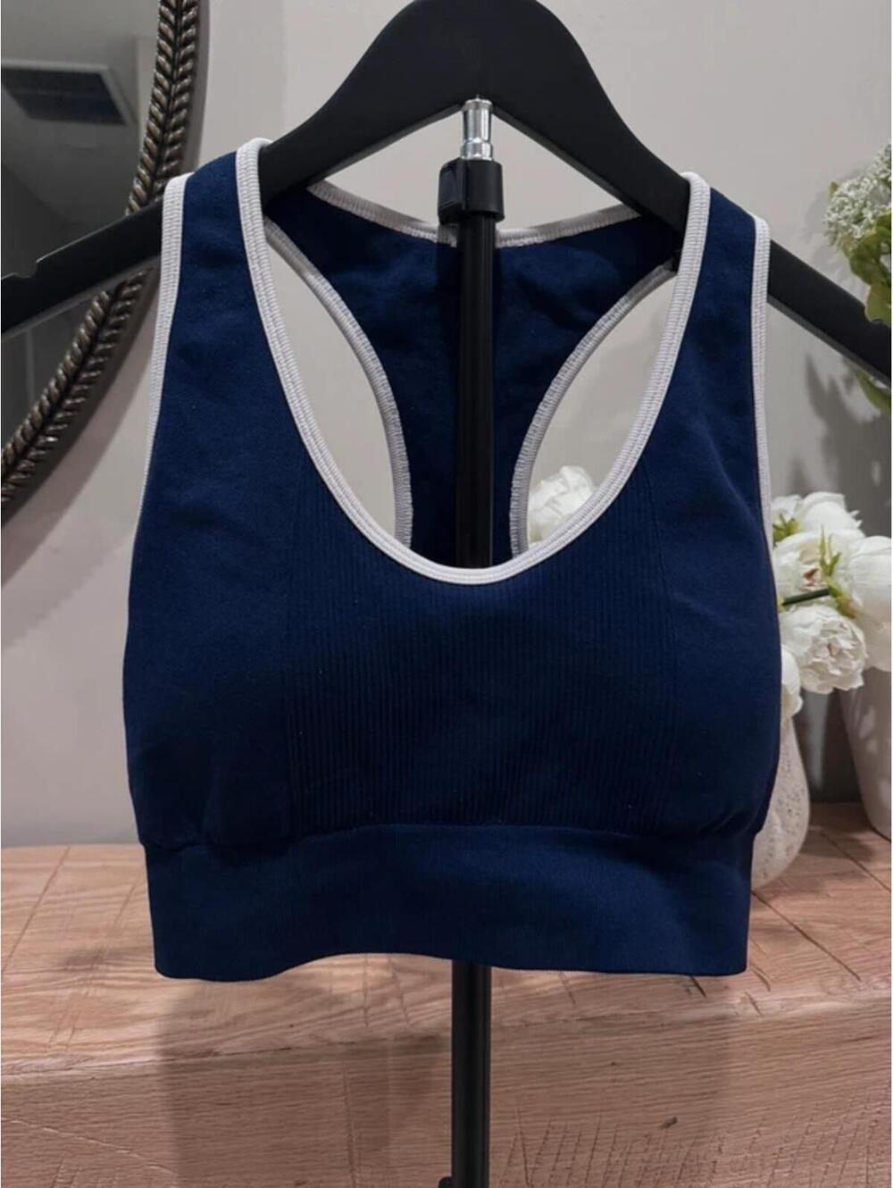 Small Navy Blue Sports Bra With White Trim